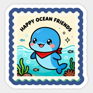 Happy Ocean Friends - Kawaii Dolphin Stamp Design - Cute Marine Life Underwater Scene Sticker